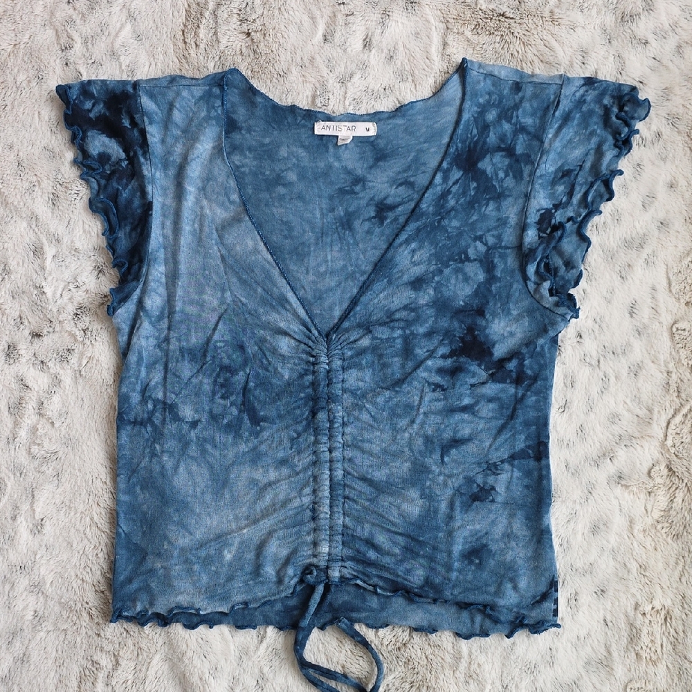 ANTISTAR Blue Tie Dye Cinched Drawstring Front Crop Top